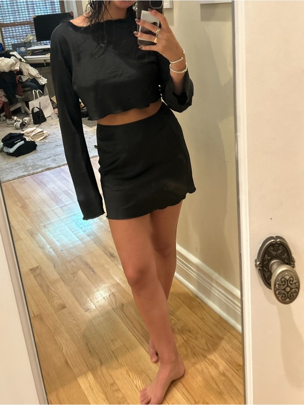 Minimalist Black Skirt Set with Subtle Scallop Hem